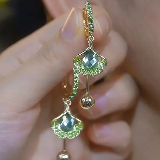 Inlaid Green Zircon Apricot Leaf Earrings For Women